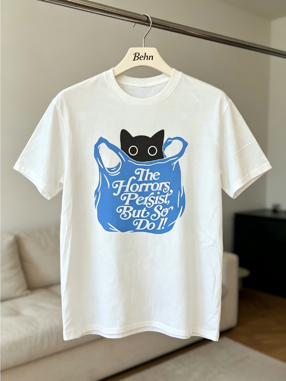 Vintage Style Cat Bag Tee White T-shirt Womens Mens T-shirt Unisex